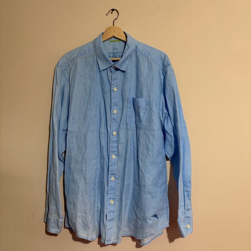 Tommy Bahama Relax Shirt Mens Large  100% Linen Long Sleeve Button Blue Coastal